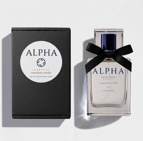 ALPHA Legacy Edition 50 mL bottle beside its black gift box